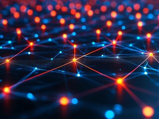 Fototapete - Cybersecurity network nodes and connections, symbolizing realtime automated threat detection, hightech futuristic design, glowing digital security grid