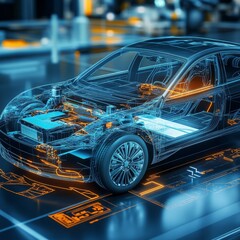 Fototapete - Electric Vehicle Wireframe Concept:  Innovative Automotive Technology and Future Transportation Design.