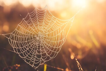 Spider web glistening with morning dew during sunrise