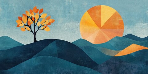 Wall Mural - a tree and sun are portrayed in an artistic minimalist landscape
