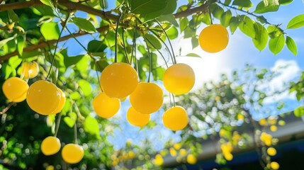 Sunlit yellow cherries on tree branch, orchard background, food photography