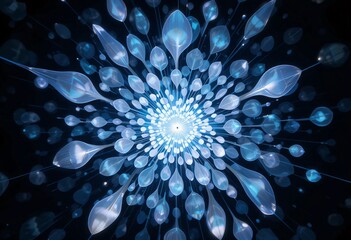 Aufkleber - Abstract Radiance, Digital Bloom. Blue And White Petals Expand From A Luminous Core, Creating A Tranquil Visual Experience. Light And Motion Converge. Dynamic Energy. Serene Design.