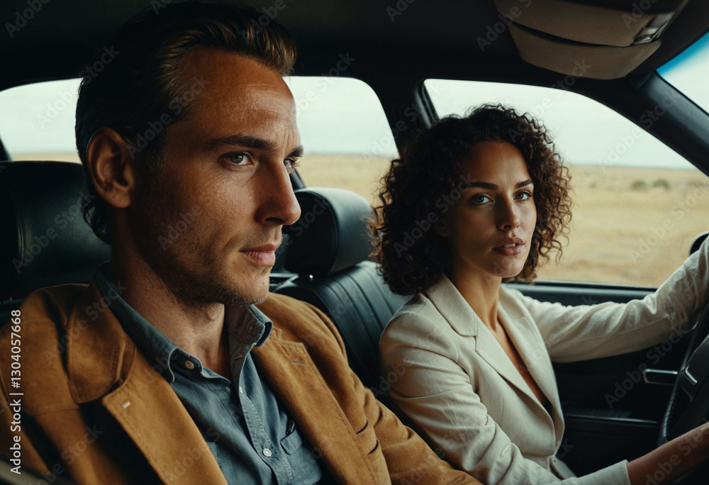 Driving Rew couple driving in a rural car journey reflecting the aftermath of an ...