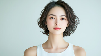 Aufkleber - ショートカットの美肌で若くて綺麗なアジア人女性モデルの美容・ファッションポートレート