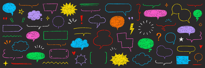Poster - Crayon speech bubble text frame dialog balloon hand drawn set. Crayon chalk doodle talk speech bubble frame. Hand drawn chalk dialog balloon, children color doodle text cloud. Vector illustration.