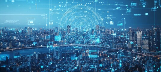 Fototapete - Cyberspace city network. Generative AI technology.	
