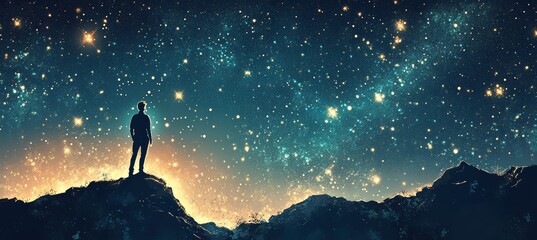 Wall Mural - a man silhouette looking at starry night sky galaxy. science astronomy. generative ai technology.