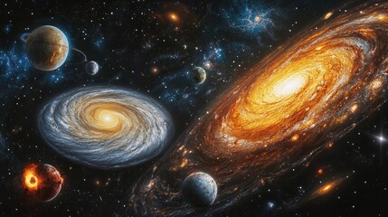 Wall Mural - majestic cosmic dance two spiral galaxies and celestial bodies in deep space