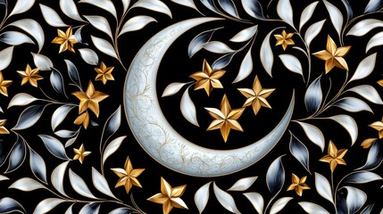 ornamental celestial crescent moon and golden star motifs on matte black, seamless mystical luxury p