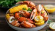 © LittleDreamStocks - Summery backyard seafood boil, crab legs, corn on the cob, rustic wooden table setup