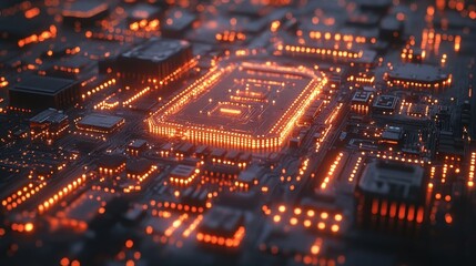 Aufkleber - Close-up of illuminated circuit board with central processor glowing orange.
