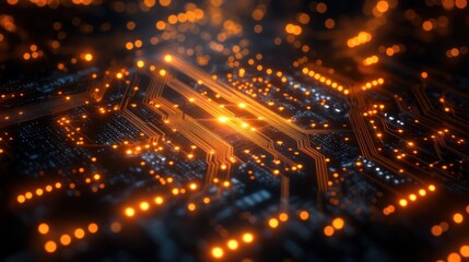 Aufkleber - Close-up of illuminated circuit board with glowing pathways and connections.