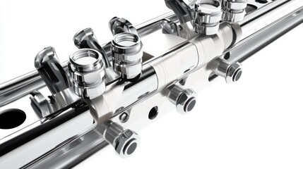 Fototapete - Close-up of polished chrome metallic industrial equipment with intricate details and connections.