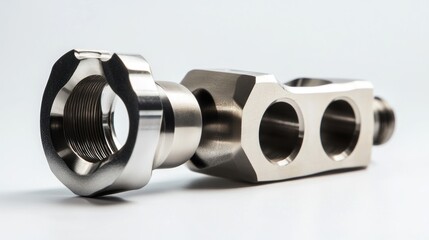 Poster - Close-up of precision-machined metal parts; hexagonal block with threaded holes and a separate threaded nut.