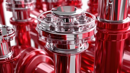 Poster - Close-up of red and chrome industrial pipes and valves.