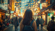 © mankong - woman with backpack walks through vibrant city street adorned with glowing lights, creating lively and bustling atmosphere. scene captures essence of urban life and exploration