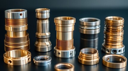Poster - Close-up of various precision-machined metal parts, showcasing intricate details and metallic textures on a dark background.