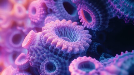 Poster - Close-up of vibrant, bioluminescent coral-like structures with intricate textures and glowing colors.