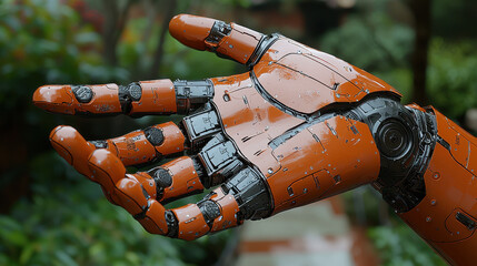 next gen prosthetic arm with built in ai and sleek orange design, set against blurred natural backgr