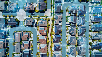 Poster - Residential area, residential district, road, aerial view, city, housing, smart, home, house, town, technology, dx, digital transformation, solar panel, photovoltaic power generation, ecology, renewab