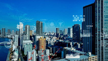 Leinwandbilder - city, aerial view, business, commerce, economy, graph, chart, data, finance, statistics, real estate, price, investment, asset management, urban, japan, blue sky, bird eye view, drone, high angle, per