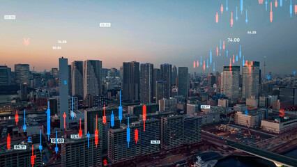 Fototapete - 都市、空撮、都会、金融、経済、株価、株式、未来、社会、投資、資産運用、チャート、インデックス、ETF、iDeCO、NISA、積立、保険、上場、企業、取引、証券、俯瞰、ドローン、ハイアングル、展望、パノラマ、風景、現代、建設、建築、ビル、不動産、価格、マネー、成長、戦略、経営、分析、景気、システム、データ、先物、FX、現物、売買、変動、高騰、暴落、cg