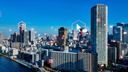 Fototapete - 都市、都会、ネットワーク、設計、開発、発展、成長、インフラ、東京、日本、ドローン、空撮、上昇、ビジネス、データ、俯瞰、ハイアングル、展望、パノラマ、地平線、社会、現代、建設、建築、ビル、ビル群、高層ビル、GPS、位置情報、未来、アプリ、SNS、青空、不動産、経済、配信、アップロード、メール、ファイル、クラウド、システム、ナビゲーション、インターネット、web、オンライン、マーケティング、RPA、S