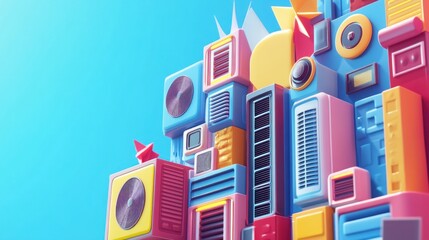 Colorful abstract composition of various geometric shapes and objects against a blue background.