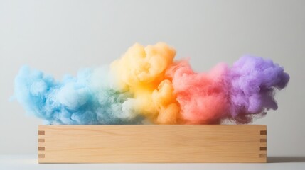 Fototapete - Colorful smoke clouds in rainbow hues emerging from a wooden box on a white background.