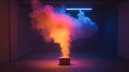 Poster - Colorful smoke plume rising from a box in a dark room, illuminated by neon lights.