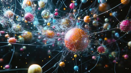 Aufkleber - Colorful spheres interconnected by thin lines, forming a complex network against a dark background.