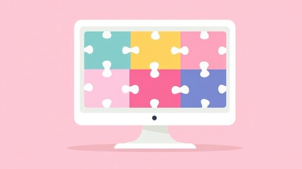 Fototapete - Computer screen displaying colorful puzzle pieces, symbolizing teamwork, problem-solving, and collaboration.