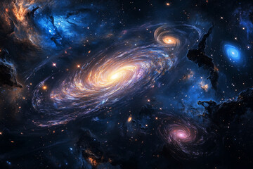 Wall Mural - colorful galaxy with a spiral in the middle. The spiral is surrounded by other galaxies and stars. Scene is peaceful and serene, as if one were floating through space