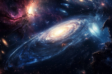 Wall Mural - galaxy with a spiral shape and a blue center. The galaxy is filled with stars and is surrounded by a dark space