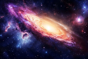 Wall Mural - large, bright yellow star is surrounded by a galaxy of stars. The galaxy is filled with a variety of colors, including blue, red, and yellow