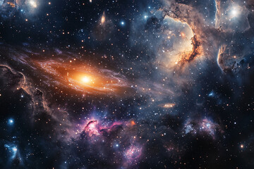 Wall Mural - galaxy with a bright orange star in the center. The stars are scattered throughout the galaxy, with some being closer together and others further apart. Scene is one of wonder and awe