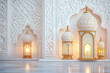 © lashkhidzetim - Three ornate lanterns with gold accents, placed on a white marble floor. The lanterns are lit, creating a warm and inviting atmosphere. Concept of elegance and sophistication