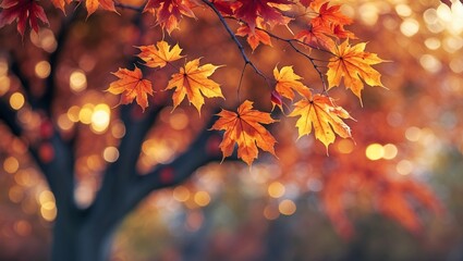 Wall Mural - vibrant autumn leaves shimmer against a blurred background of fall colors in a serene park setting