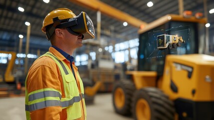 Poster - Construction worker wearing VR headset, viewing digital model of heavy machinery in factory.