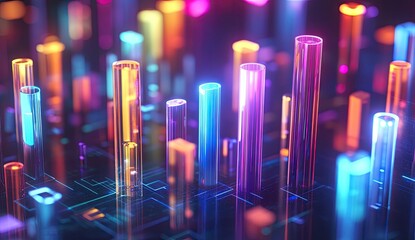 Fototapete - Colorful glowing cylinders on a digital circuit