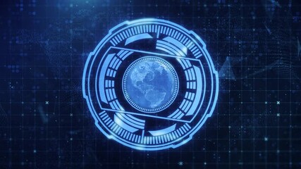 Wall Mural - Futuristic HUD World Map with Digital Grid, AI Technology, and Glowing Network Particles