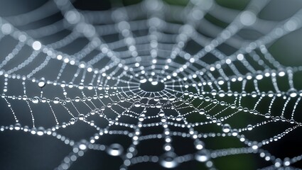 Natural spiderweb pattern with round dewdrops and soft forest light
