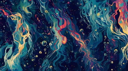 Wall Mural - A surreal underwater-themed woven pattern, with seaweed-like strands glowing in oceanic hues