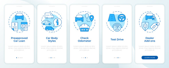 Wall Mural - car buying process blue onboarding mobile app screen. walkthrough 5 steps editable graphic instructi