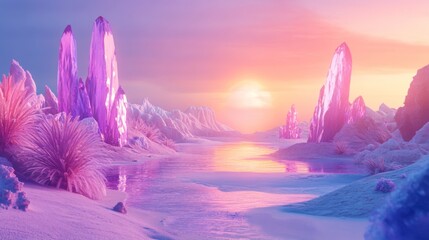 Wall Mural - a breathtaking view of a crystal landscape illuminated by a stunning sunset. the vibrant colors crea