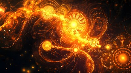 Wall Mural - A fairy-tale-inspired weaving pattern with glowing golden threads forming enchanted symbols