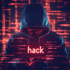 Poster - Anonymous Hacker in Hoodie with Red Digital Overlay, Threatening Cyber Security and Data Breach.