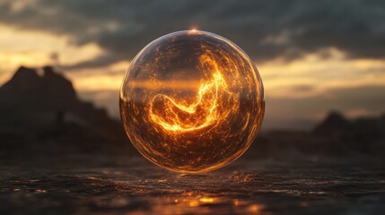 Wall Mural - Fiery Orb at Sunset: A Digital Fantasy Landscape