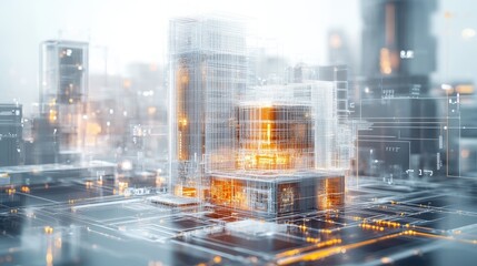 Poster - A futuristic representation of architecture using 3D models and blueprints, visualized through generative AI, showcasing advanced design concepts for modern buildings