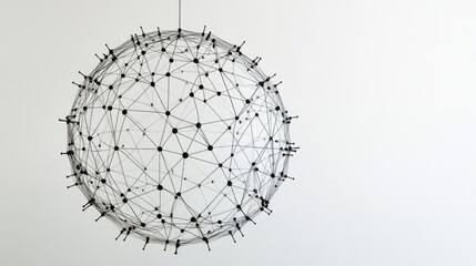 Poster - A modern abstract sphere formed by connected lines and nodes, floating on a white background, symbolizing a global digital network or technological progress